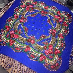 Vintage Fringed Scarf 100% Virgin Wool Made in Japan 49" Square‎ Blue Floral